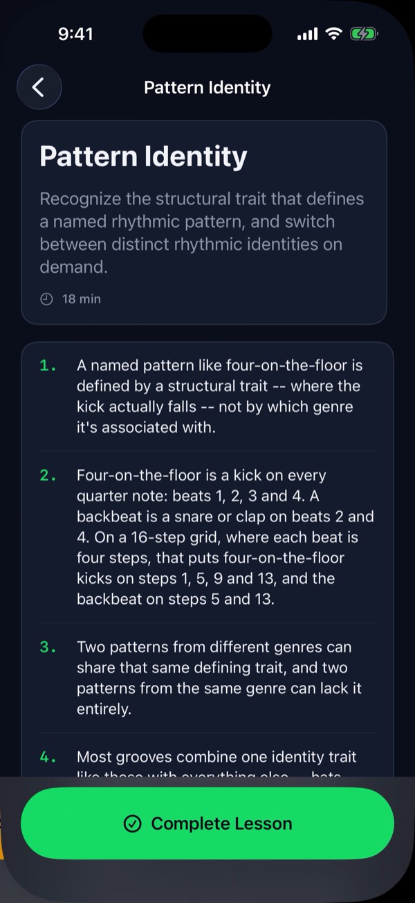 A Sonivault lesson called Pattern Identity, with numbered explanation points about four-on-the-floor kicks and a Complete Lesson button.